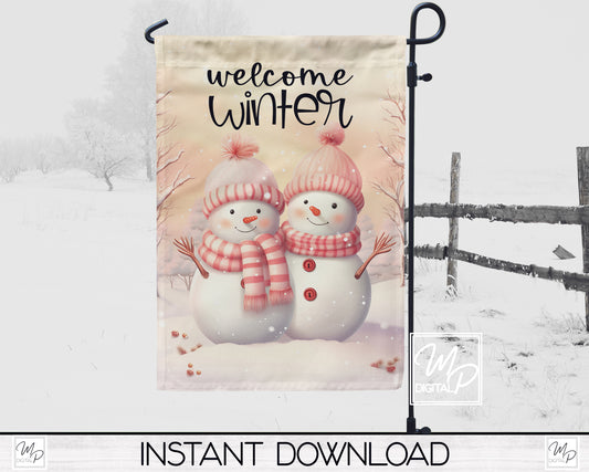 12x18 Garden Flag Sublimation Design, Pink Welcome Winter Snowman, Patio Flag Digital Download