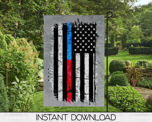 12x18 Garden Flag Sublimation Design, Police and Firefighter Thin Line Patio Flag Digital Download