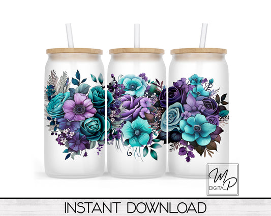Purple and Teal Floral Glass Can Sublimation Wrap, PNG Digital Download