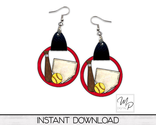 Softball PNG Design for Sublimation of Earrings with Leather, Digital Download