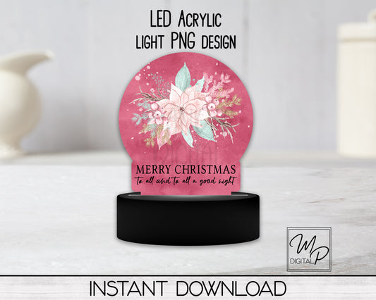 Pink Poinsettia Round LED Light Up Sign, Acrylic Night Light PNG Sublimation Design, Digital Download