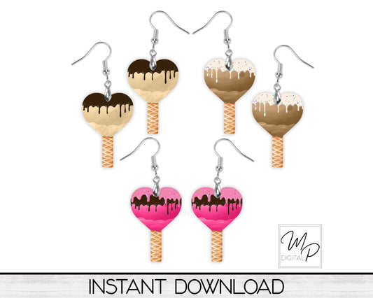 Ice Cream Heart Sucker PNG Design for Sublimation of Earrings, Digital Download