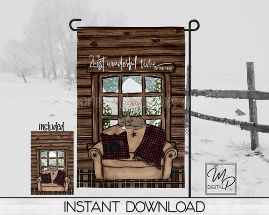 12x18 Garden Flag Sublimation Design, Christmas Winter Cabin Patio Flag Digital Download
