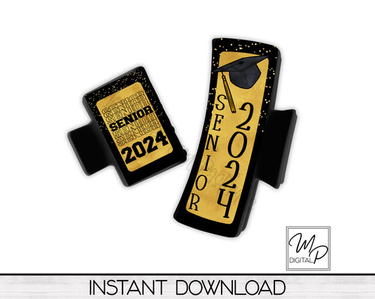 Gold and Black Senior 2024 Hair Clip PNG Sublimation Design, Digital Download