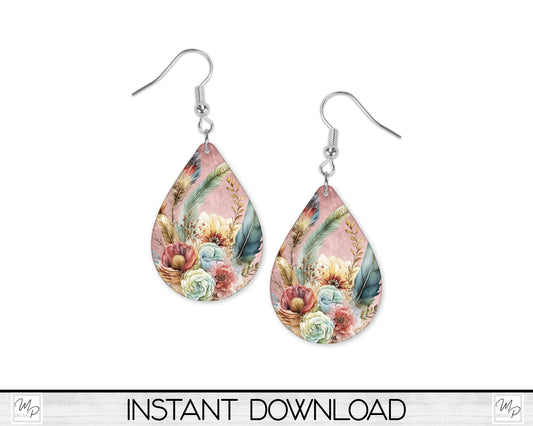 Boho Floral Teardrop Earring Design for Sublimation, Digital Download