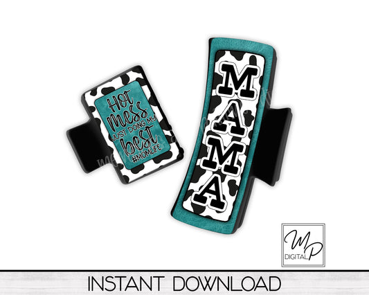 Cow Print Mama Hair Clip PNG Sublimation Design, Digital Download