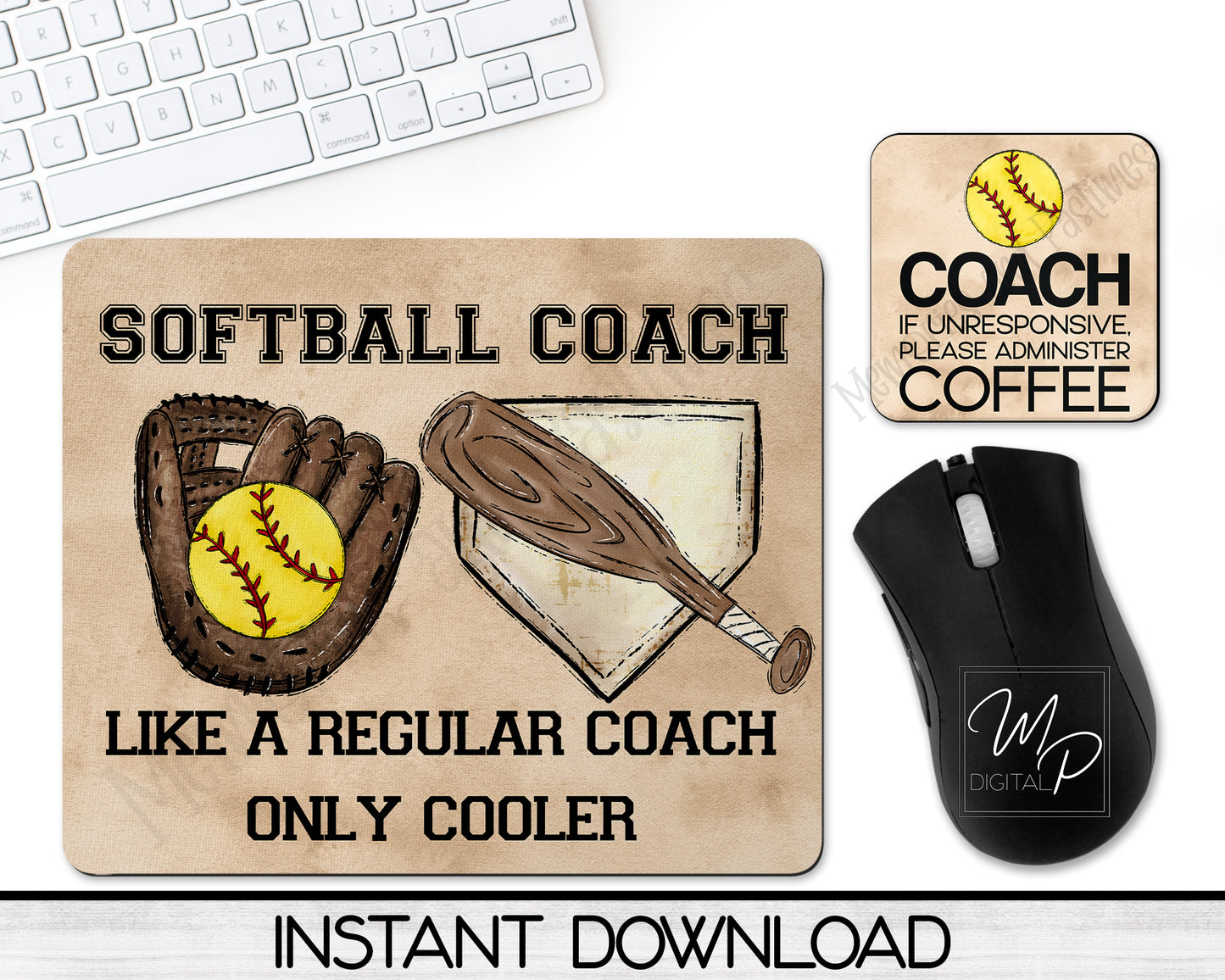 Softball Coach Mousepad and Coaster PNG for Sublimation, Digital Download