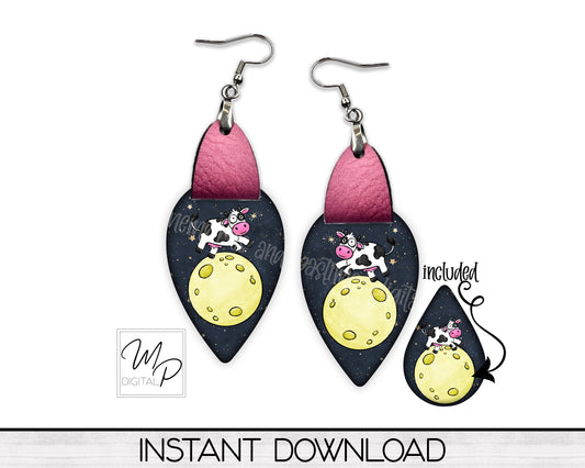 Cow Jumped Over The Moon Upside Down Teardrop PNG Design for Sublimation of Earrings with Leather, Digital Download