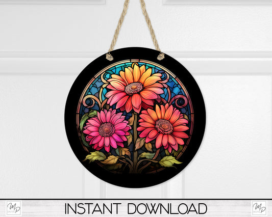 Stained Glass Floral Round Door Sign PNG, Digital Download for Sublimation
