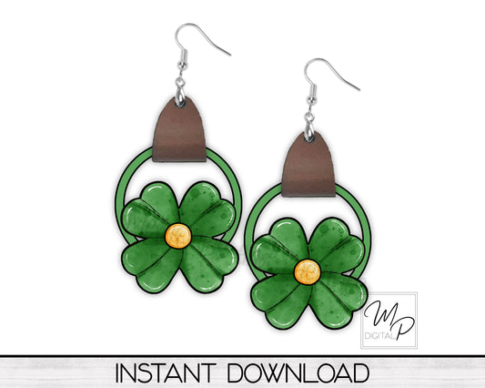 St. Patrick's Day Shamrock Clover PNG Design for Sublimation of Earrings with Leather, Digital Download