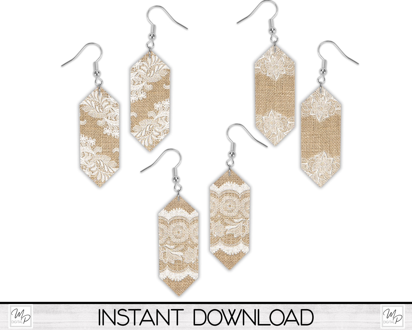 Burlap and Lace Gem Earring Bundle PNG Design for Sublimation, Digital Download