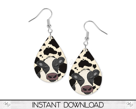 Cow Print Teardrop Earring Design for Sublimation, Digital Download
