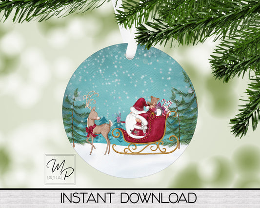 Santa Santa Sleigh Round Ornament PNG Digital Download for Sublimation