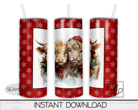 Christmas Highland Cow 20oz Skinny Tumbler Design - PNG Instant Digital Download - Commercial Use