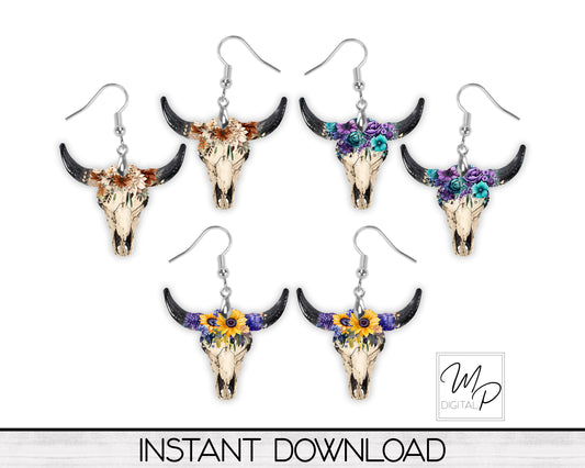 Cow Skull PNG Designs for Sublimation of Earrings, Digital Download
