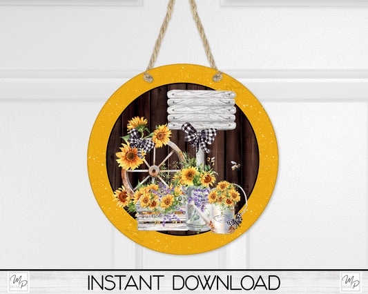 Sunflower Round Door Hanger Sign, PNG Design for Sublimation, Digital Download