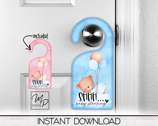 Shh Baby Sleeping Bear Door Knob Hanger for Boy and Girl PNG Digital Download for Sublimation