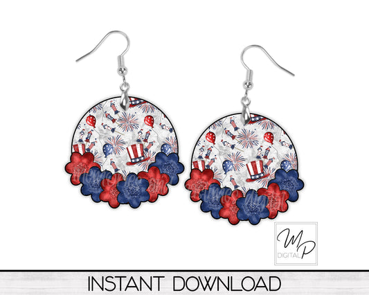 4th of July Floral Round PNG Design for Sublimation of Earrings and Signs, Digital Download