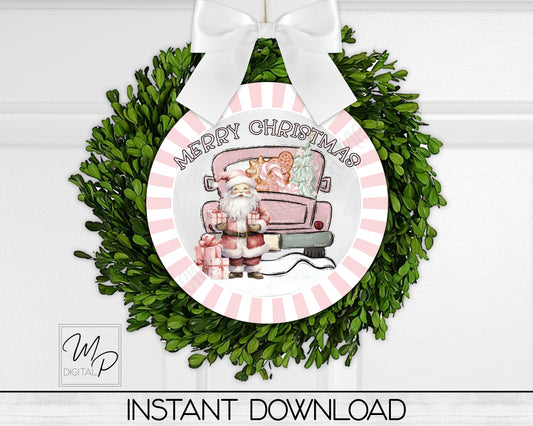 Pink Farmhouse Truck with Santa Round Door Hanger Sign PNG Digital Download for Sublimation