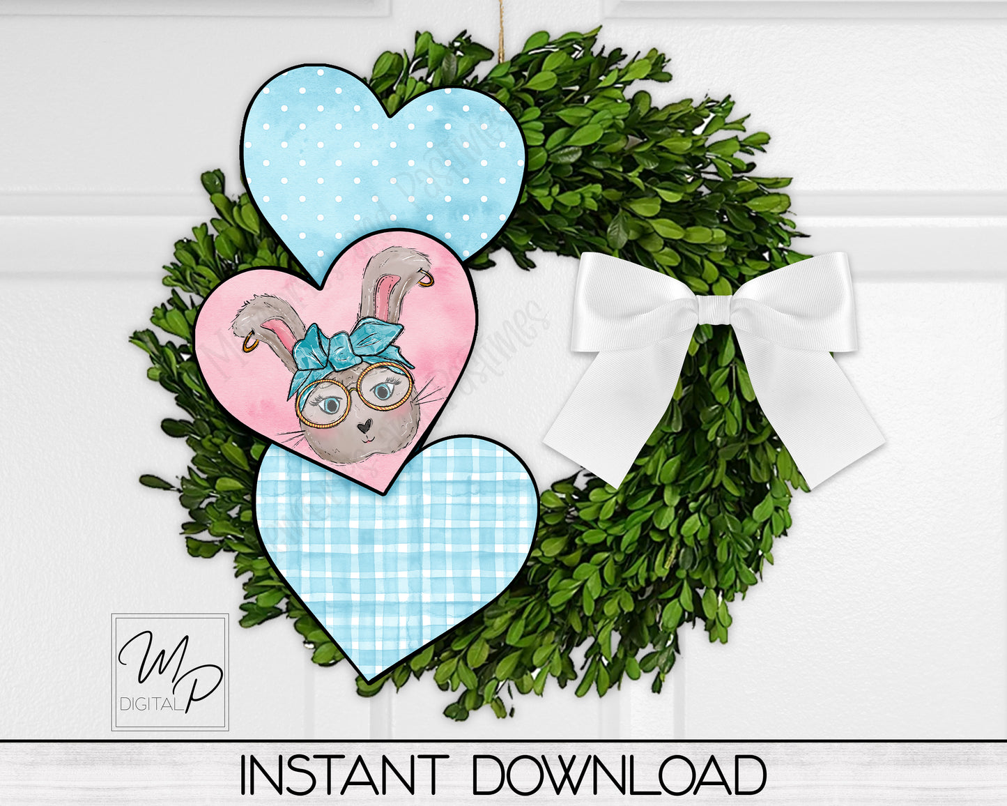 Trio Heart Easter Bunny Front Door Hanger PNG Design for Sublimation, Heart Door Sign, Digital Download