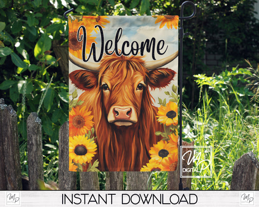 12x18 Garden Flag Sublimation Design, Highland Cow and Sunflowers, Patio Flag Digital Download