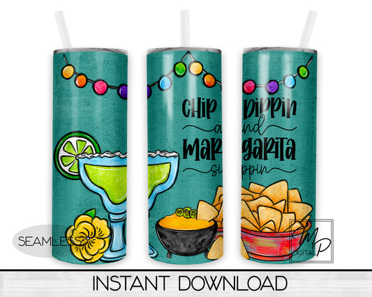 Chips and Margaritas 20oz Skinny Tumbler Design - PNG Instant Digital Download - Commercial Use