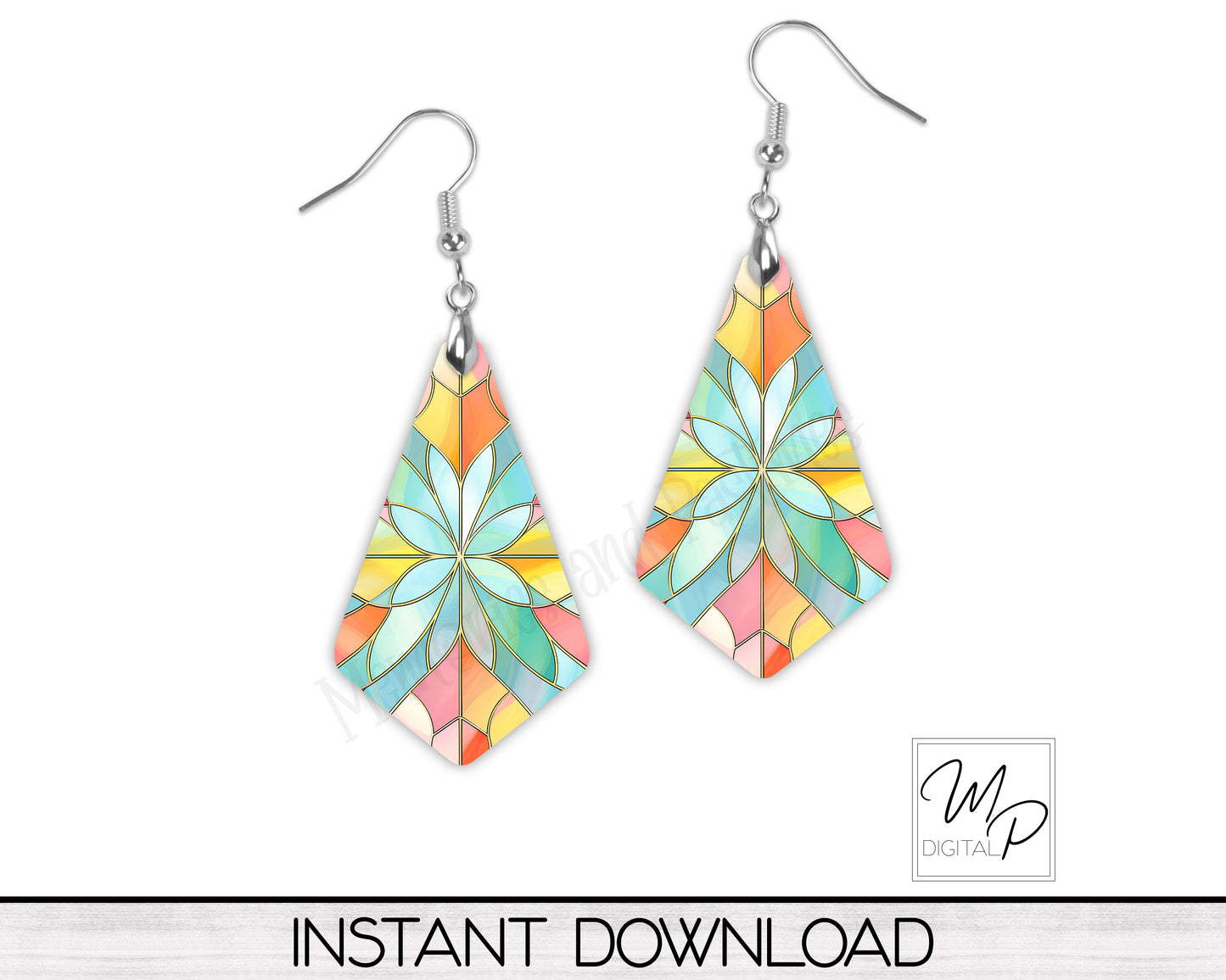 Spring Stained Glass Geometric Earring PNG Design for Sublimation, Digital Download
