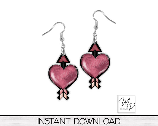Heart and Arrow PNG Design for Sublimation of Earrings, Digital Download