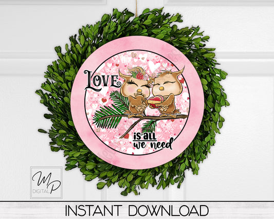 Valentine Owls Round Door Hanger Sign PNG Digital Download for Sublimation