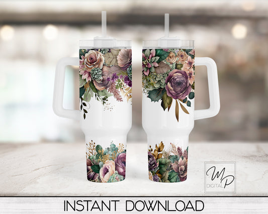 Burgundy Floral 40oz Quencher Tumbler Wrap - PNG Tumbler Design Sublimation - Digital Designs Downloads - Commercial Use