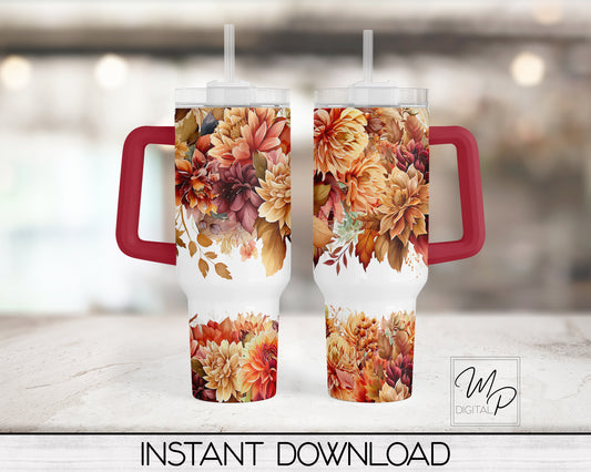 Fall Floral 40oz Quencher Tumbler Wrap - PNG Tumbler Design Sublimation - Digital Designs Downloads - Commercial Use