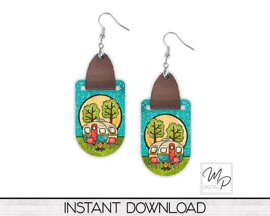 RV Camping PNG Design for Sublimation of Earrings Oval with Leather, Digital Download