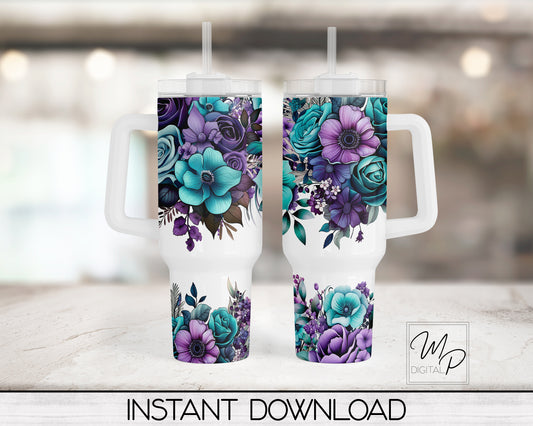 Teal and Purple Flowers 40oz Quencher Tumbler Wrap - PNG Tumbler Design Sublimation - Digital Designs Downloads - Commercial Use