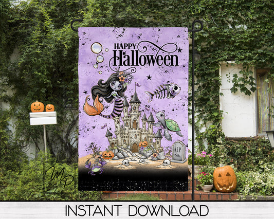Halloween Mermaid Garden Flag Design for Sublimation, Yard / Patio Flag, Digital Download