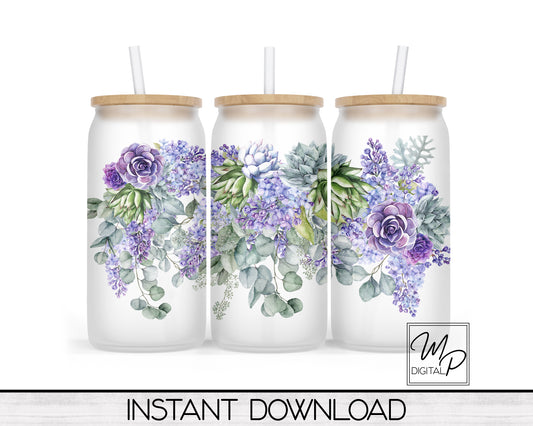 Succulent Floral Glass Can Sublimation Wrap, PNG Digital Download