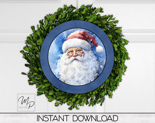 Blue Santa Round Door Hanger Sign PNG Digital Download for Sublimation