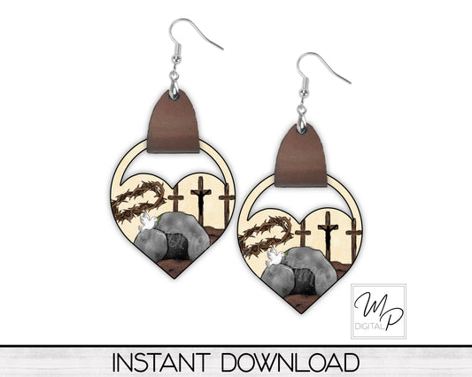Christian Easter Heart PNG Design for Sublimation of Earrings with Leather, Digital Download
