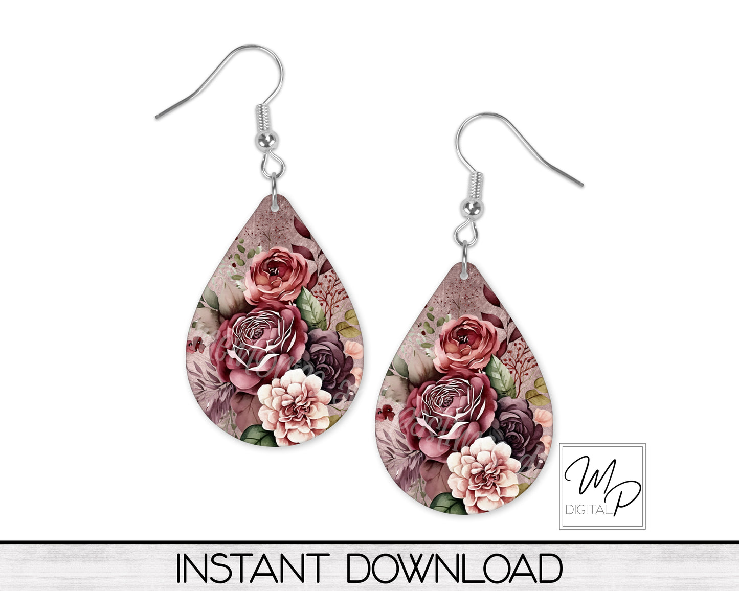 Burgundy and Mauve Floral Teardrop Earring Design for Sublimation, Digital Download