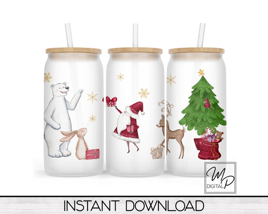 Christmas Santa and Friends Glass Can Sublimation Wrap, PNG Digital Download