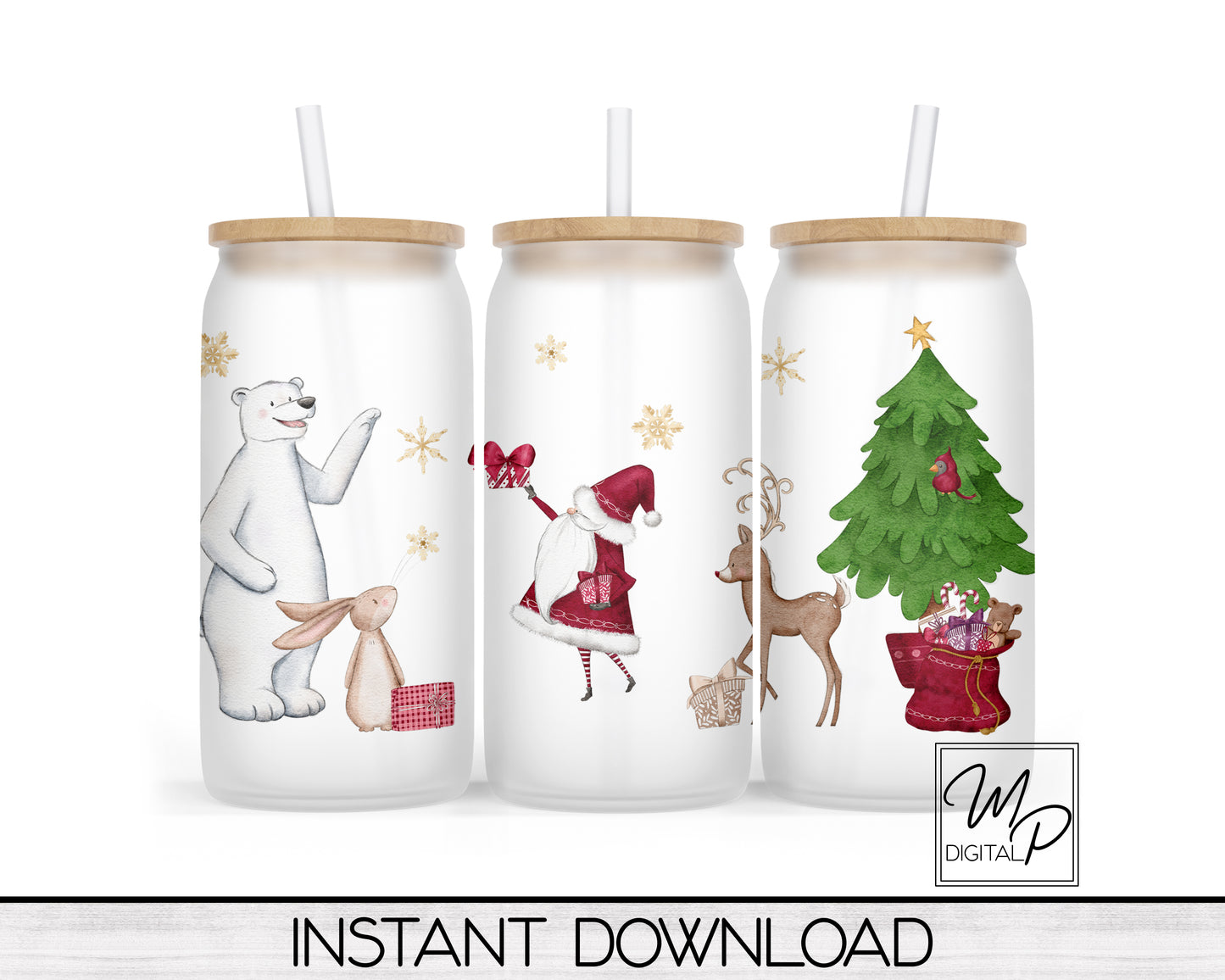 Christmas Santa and Friends Glass Can Sublimation Wrap, PNG Digital Download