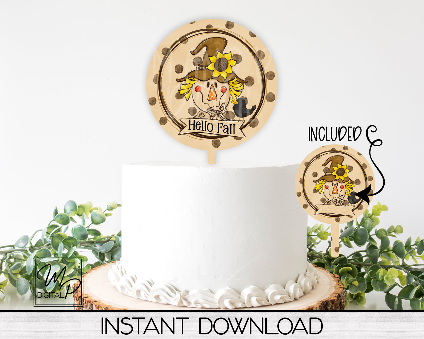 Hello Fall Scarecrow PNG Design for Sublimation of Round Cake Toppers, Digital Download