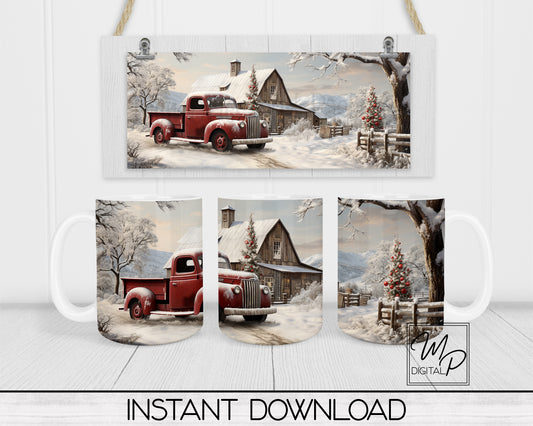 Christmas Red Farmhouse Truck Coffee Mug Sublimation Design PNG Digital Download - 11oz and 15oz - Commercial Use