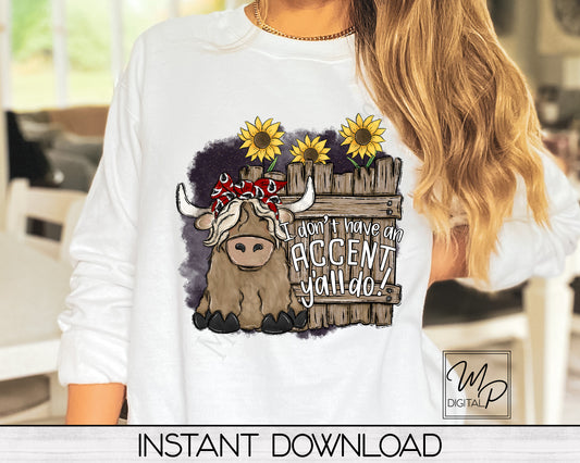 Funny Highland Cow Sublimation Design PNG Digital Download - Tote Mug Tshirt Tea Towel Sublimation - Commercial Use