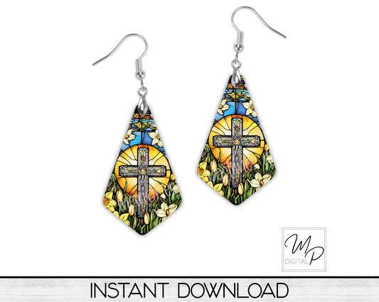 Cross Stained Glass Geometric Earring PNG Design for Sublimation, Digital Download