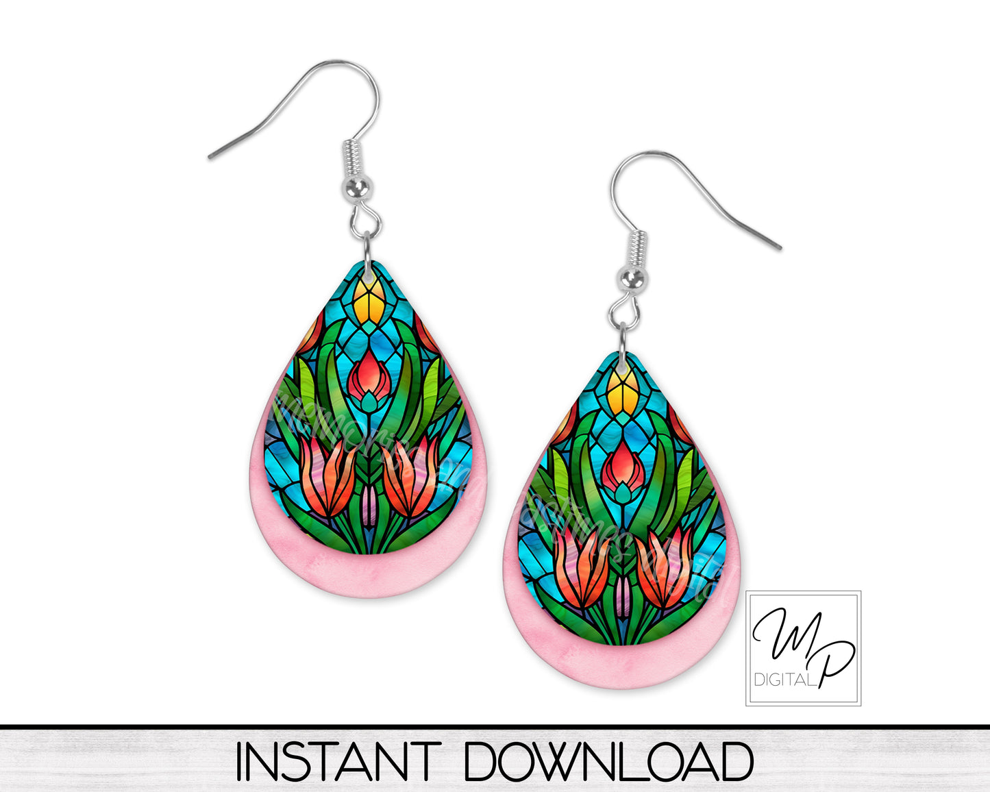 Spring Tulips Stained Glass Teardrop Earring PNG Design for Sublimation, Digital Download