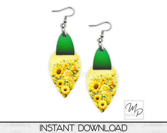Sunflower Upside Down Teardrop PNG Design for Sublimation of Earrings with Leather, Digital Download