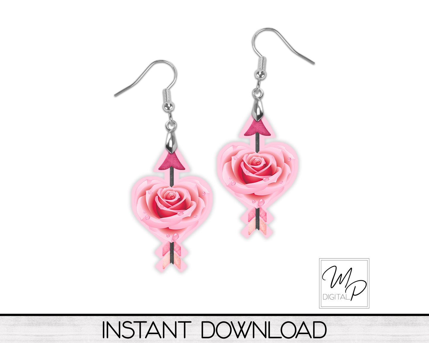 Rose Heart and Arrow PNG Design for Sublimation of Earrings, Digital Download
