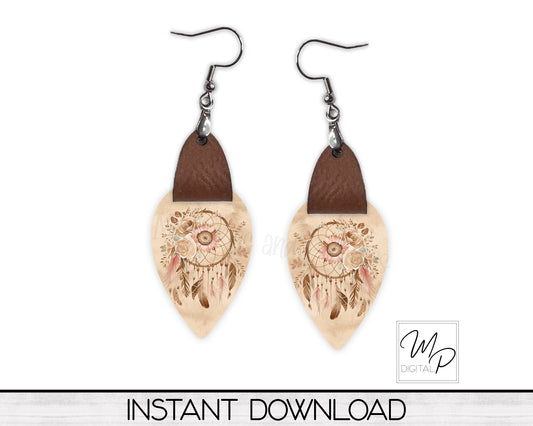 Boho Dreamcatcher Upside Down Teardrop PNG Design for Sublimation of Earrings with Leather, Digital Download