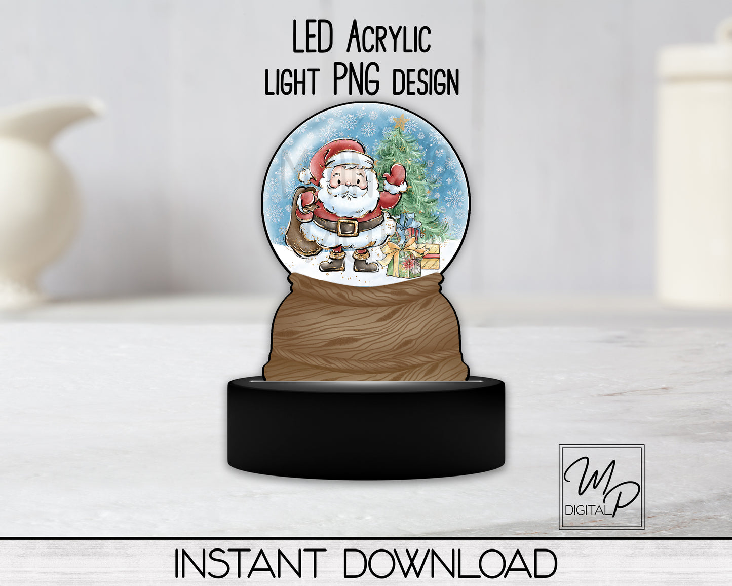 Santa Claus Snow Globe LED Light Up Sign, Acrylic Night Light PNG Sublimation Design, Digital Download