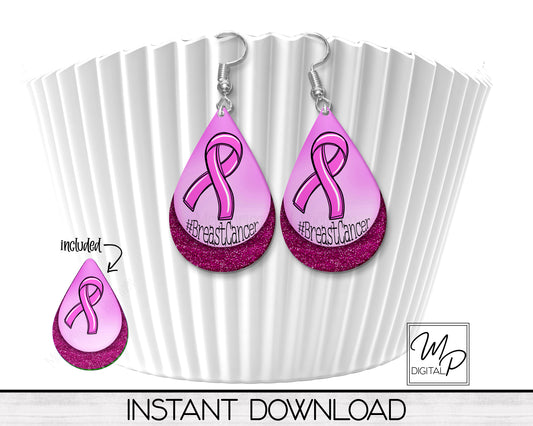 Breast Cancer Awareness Ribbon Teardrop Earring Design for Sublimation